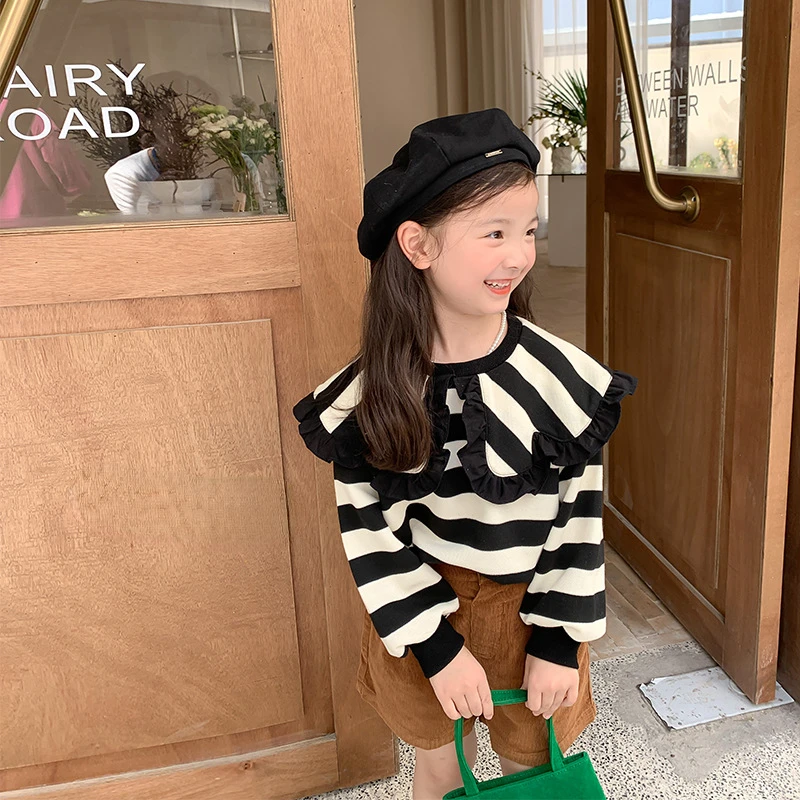 

Autumn Children's Clothing Girls fashion Thick stripe Lapel sweatshirts Baby girl cotton soft loose dress