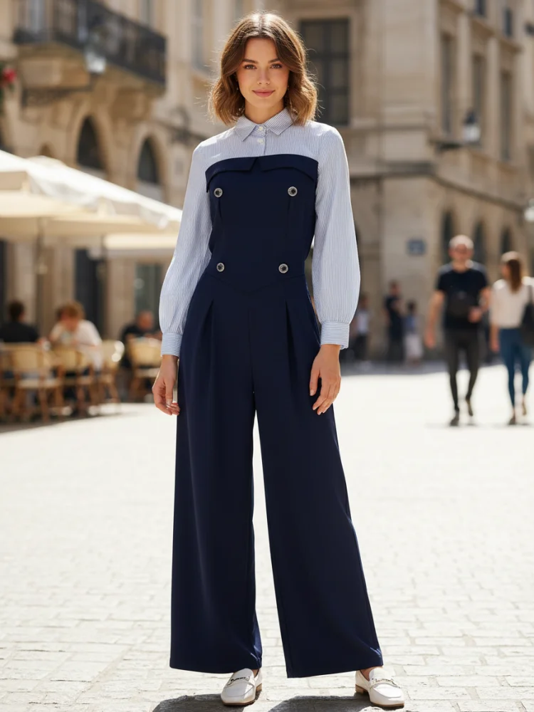 Freeacy Urban Tuta da donna Colletto con risvolto Maniche lunghe Split-joint Vita alta Tuta ampia Gamba larga Tute lunghe fino al pavimento