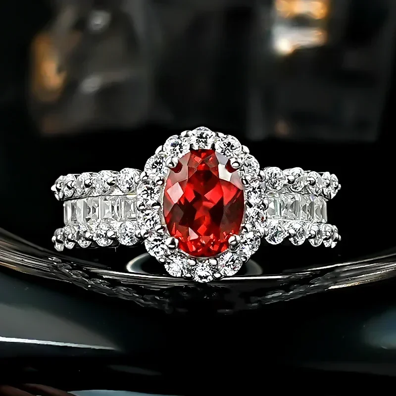 Light luxury pigeon blood red treasure s925 silver ring inlaid with high carbon diamond oval temperament, niche high-end female