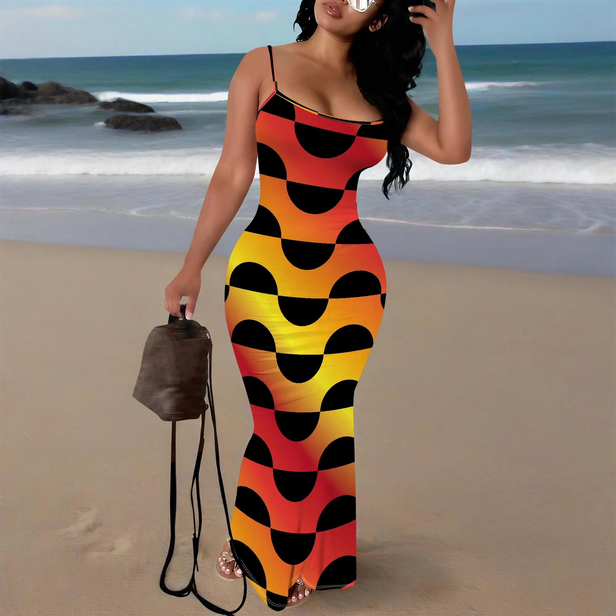 

Women's Bodycon Maxi Dress, Abstract Print Spaghetti Strap Backless Long Dress for Party & Club Wear XS-3XL