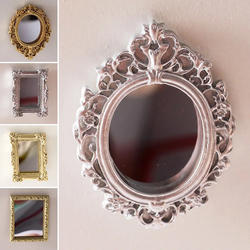 Vintage Mini Mirror Model Gold Silver 1:12 Classic Resin Crown Mirror Photo Frame Dollhouse Miniature Mirror Decor Accessories