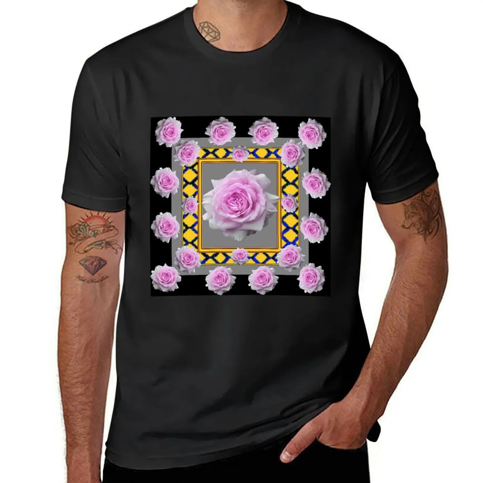 PINK ROSES BLACK-GOLD ABSTRACT PATTERNS T-Shirt cute clothes hippie clothes boys whites men t shirt