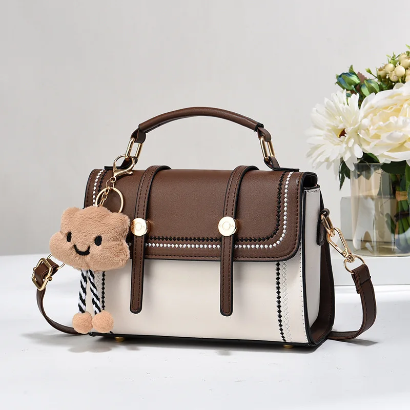 Vintage Colorblock Handbag with Cute Bear Charm Decor Luxury Handbags for Women Versatile PU Leather Zipper Crossbody Bag