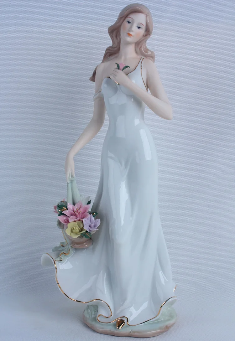 

Porcelain Lady with Flower Basket Sculpture Ceramic Character Miniature Gift and Craft Ornament Accessories Embellishment