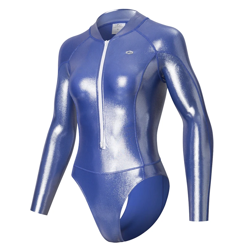 LEOHEX Spandex Damen Glänzende Surf-Trikots mit Reißverschluss vorne, einteilig, langärmelig, Badeanzug, Tauchstrumpfhose, Clubwear, Party