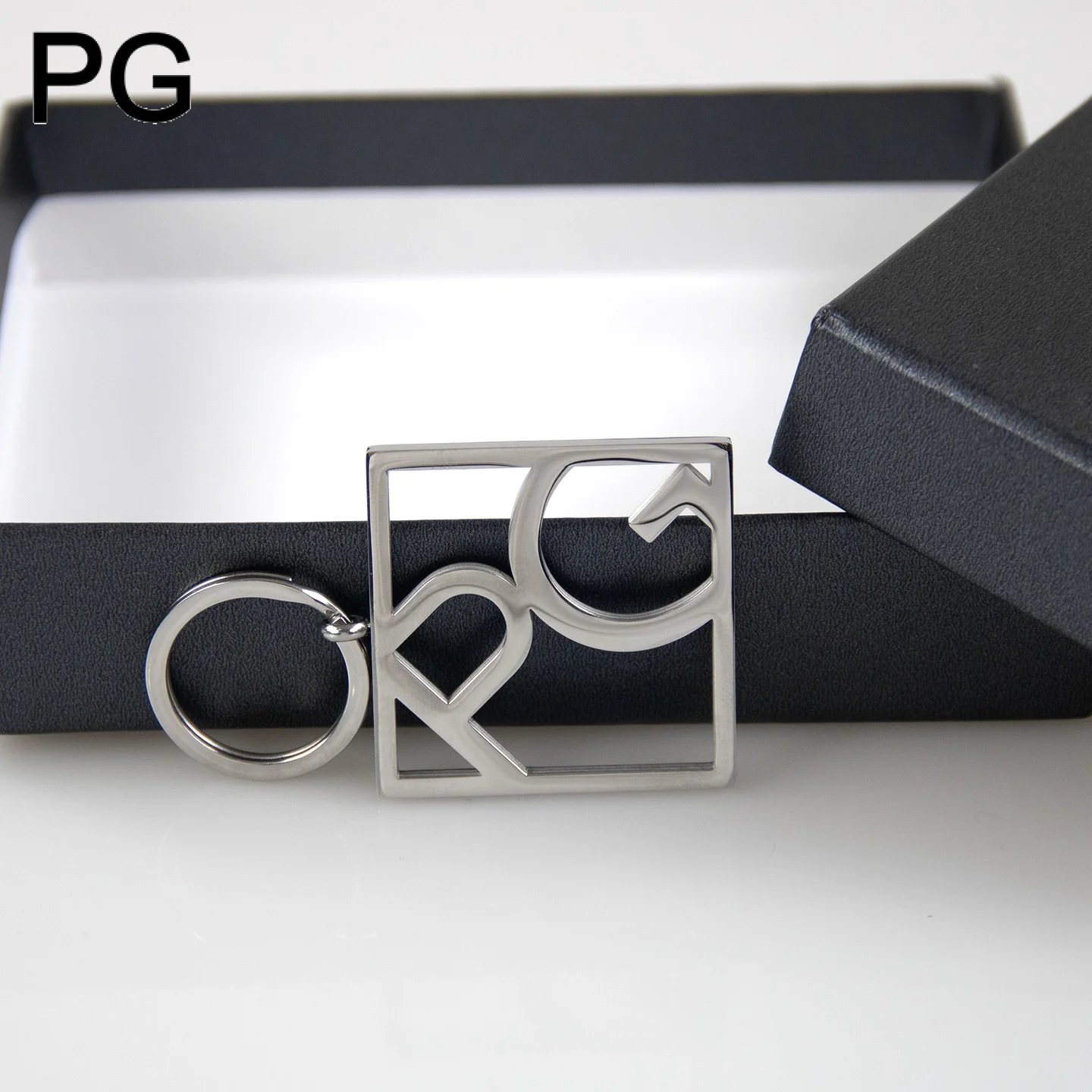 PG Classic Square Hollow Metal Monogram Keychain Premium Split Ring Holiday Business Gift Accessory