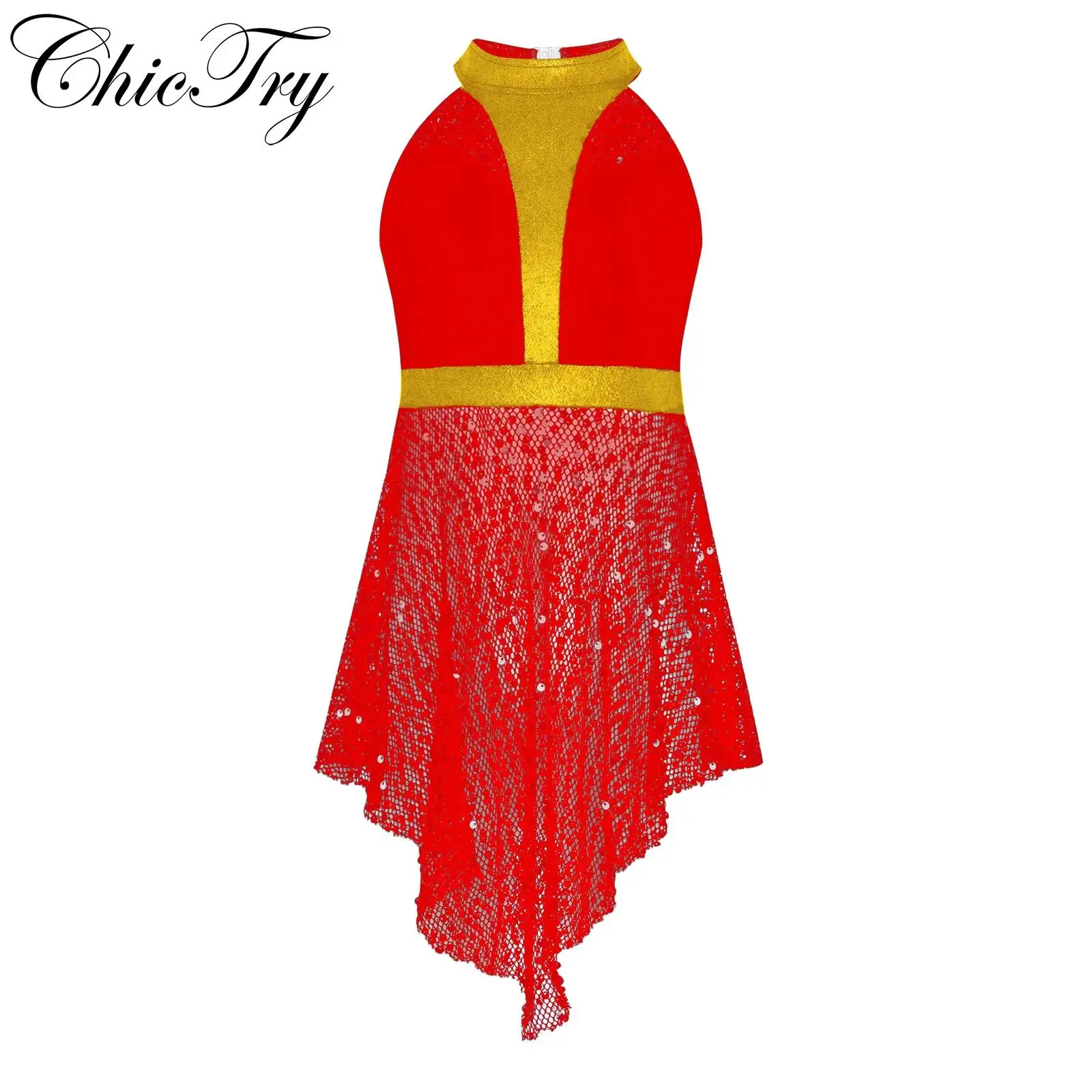 

Kids Girls Latin Jazz Dance Dress Sleeveless Cutout Back Sequins Hollow Out Mesh Patchwork Irregular Hem Ice Skating Dancewear