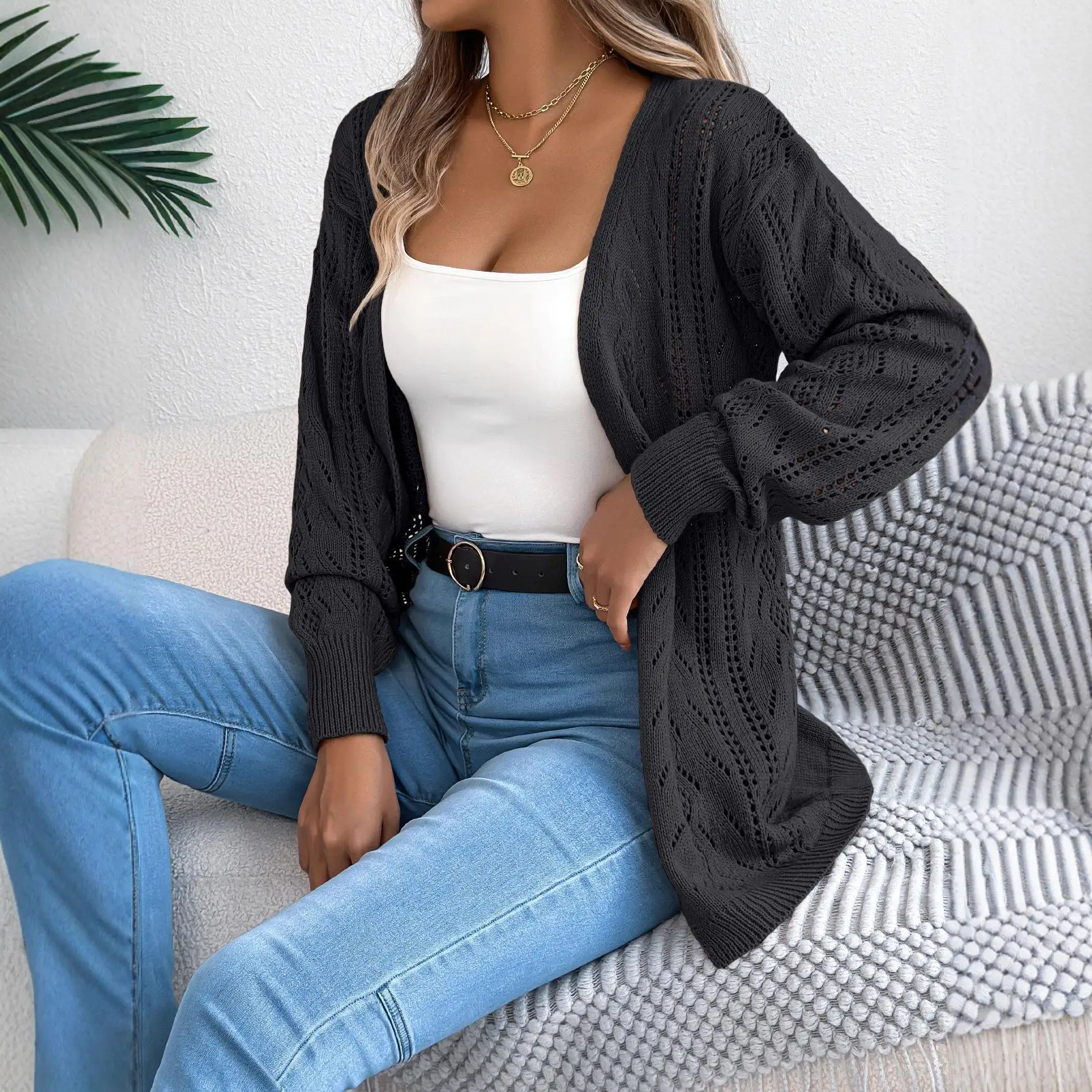 Casual scava fuori lanterna Sve lungo Sve cardigan maglione di media lunghezza Jaet donna transfrontaliera inizio autunno Faion
