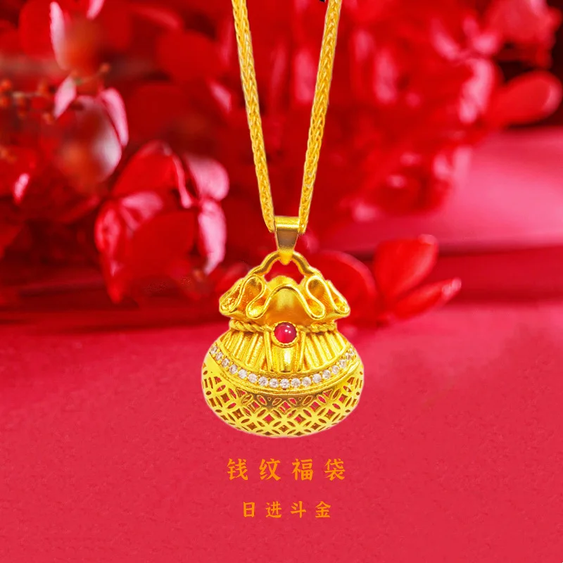 AU999 24K pure gold diamond dotted fortune bag gold pendant for women, ideal matching jewelry for girls gatherings