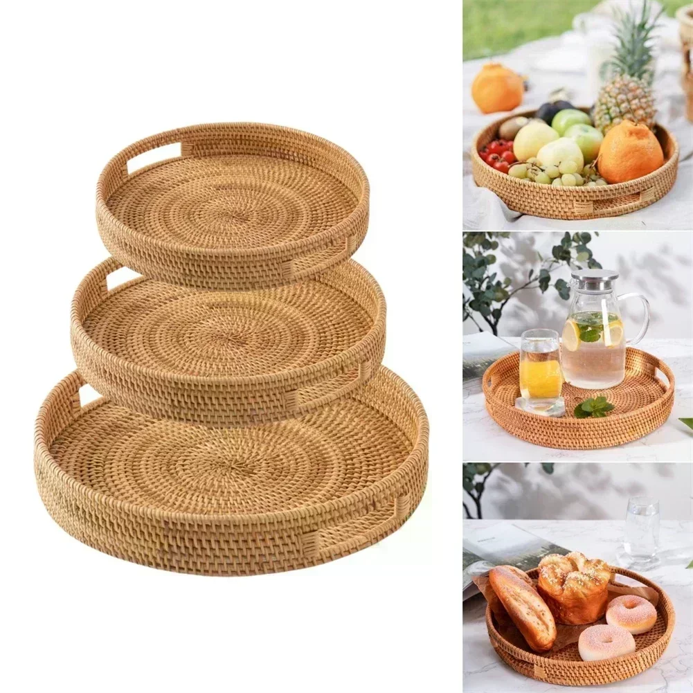 

Rattan Woven Tray Breakfast Drinks Snack Tea Serving Storage Trays For Kitchen Picnic Food Fruit Storage Bread Basket Organizer