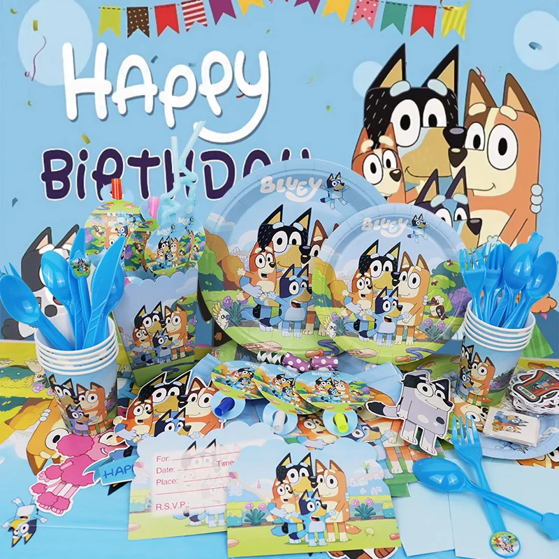 Bluey Birthday Party Decoration Blue And Bingo Foil Latex Balloon Kids Event Supplies Disposable Tableware Banner Backdrop Plate