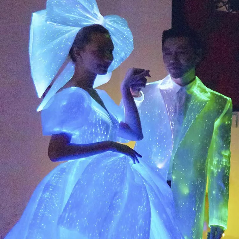 

LED Fiber Optic Glowing Princess Wedding Dress Rainbow Color Changing Smart Bridal Gown for Wedding Party Show