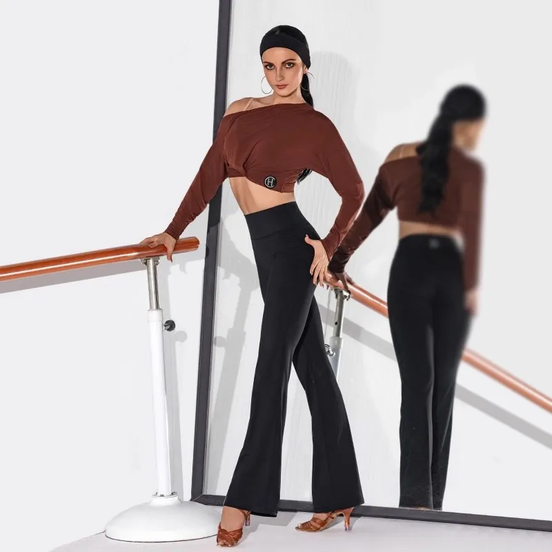 

2025 Winter Women Long Sleeve Slant Shoulder Top Bell-bottom Pants Latin Dance Costume Chacha Training Practice Clothing DN22401