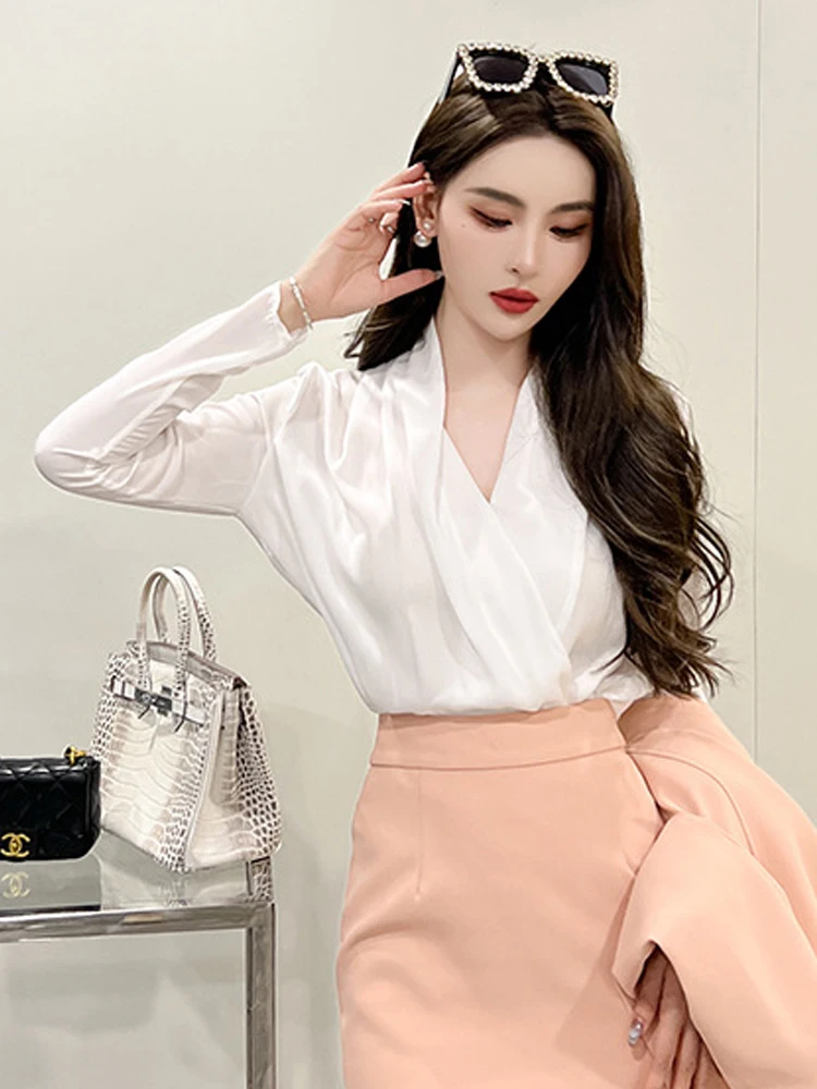 

Модная элегантная официальная рубашка для женщин, простые черные, белые, розовые шифоновые свободные топы с длинными рукавами и складками, женские деловые блузки для работы