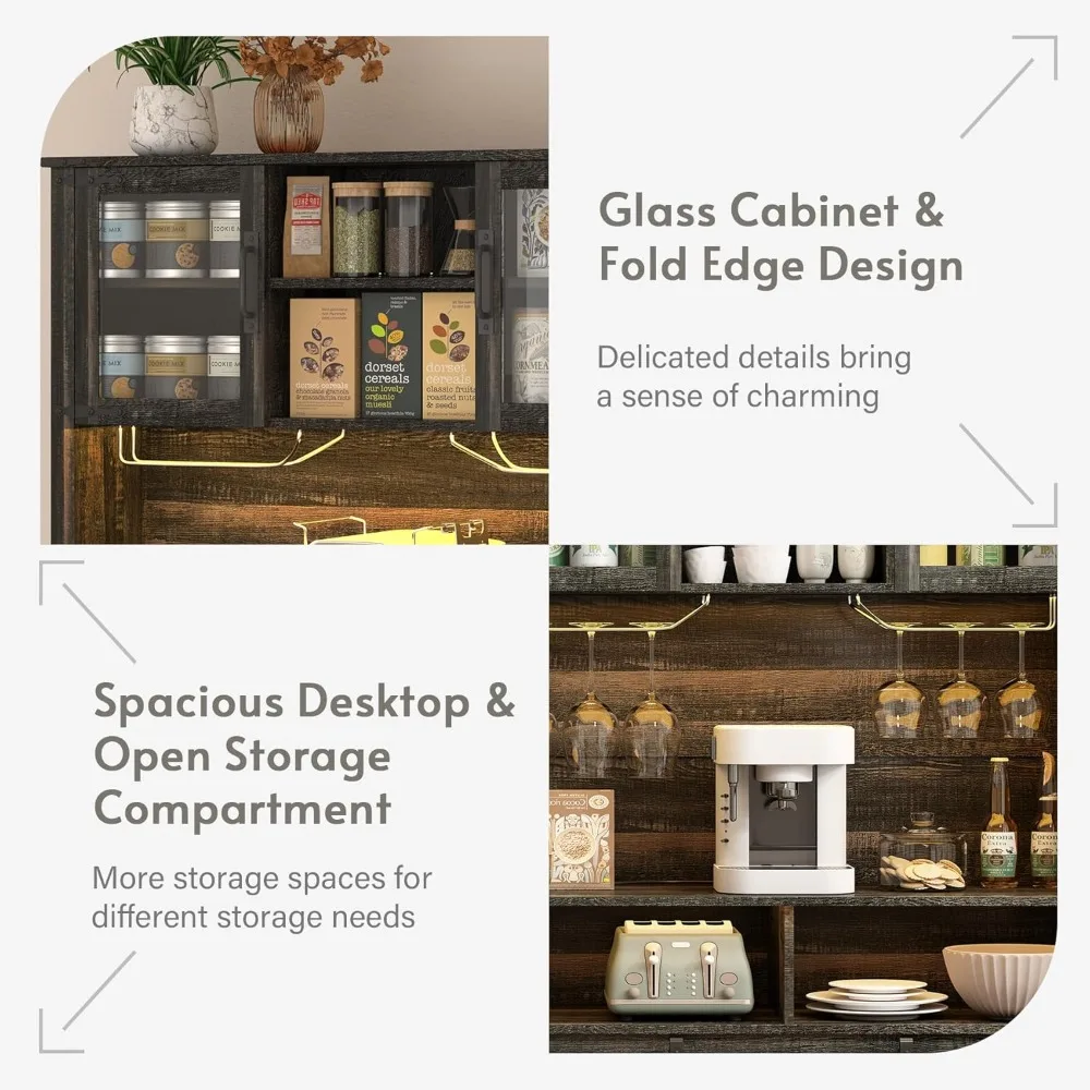 Farmhouse Coffee Bar Cabinet with Sliding Barn Door, Buffet Cabinet with Hutch, Kitchen Pantry Cabinet with Power Outlet & Light