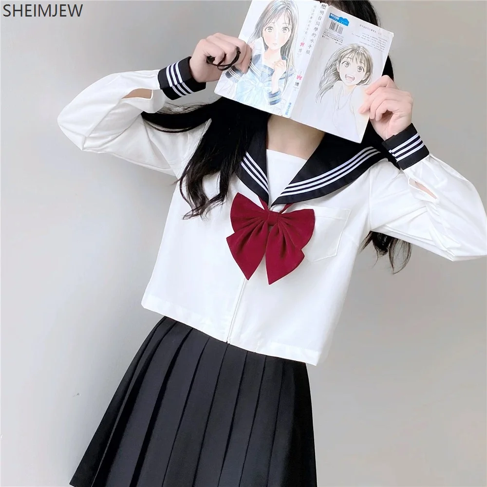 Japans Schooluniform Schattig Meisje Jk Pak Zwarte Kraag Wit Driedelig Pak Campus Matrozenpakje Boog Pak met lange mouwen Uniform