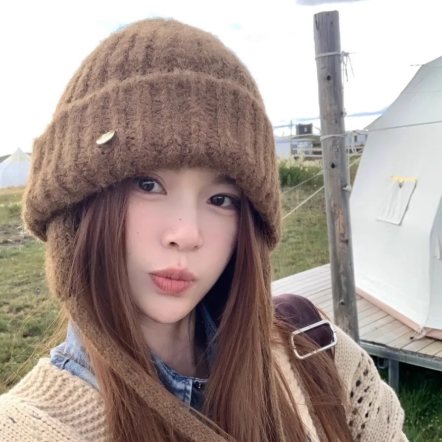 

Женские толстовки с капюшоном в корейском стиле, новые, милые, утепленные, плюшевые, теплые, высококачественные, для девочек, простые, нежные, кавайные, вязаные шапки на зиму