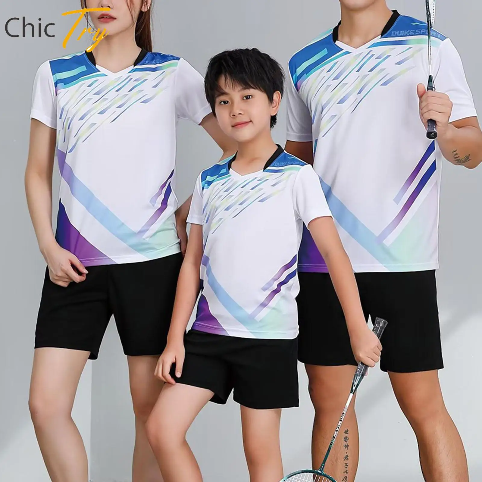 

Breathable Badminton Suit Sports Outfit Contrast Color Stylish Print V Neck Short Sleeve T-shirt with Shorts for Kids Boys Girls