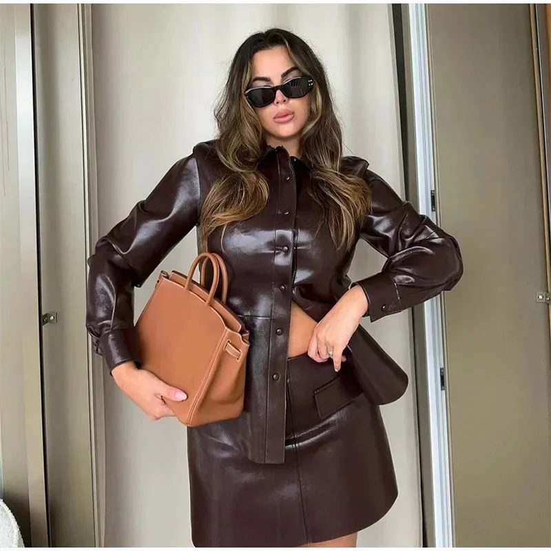 High Street PU Leather Jacket Set Women Lapel Full Sleeves Single Breasted Jacket Mini Skirt Sets 2024 Autumn Fashion Lady Suits