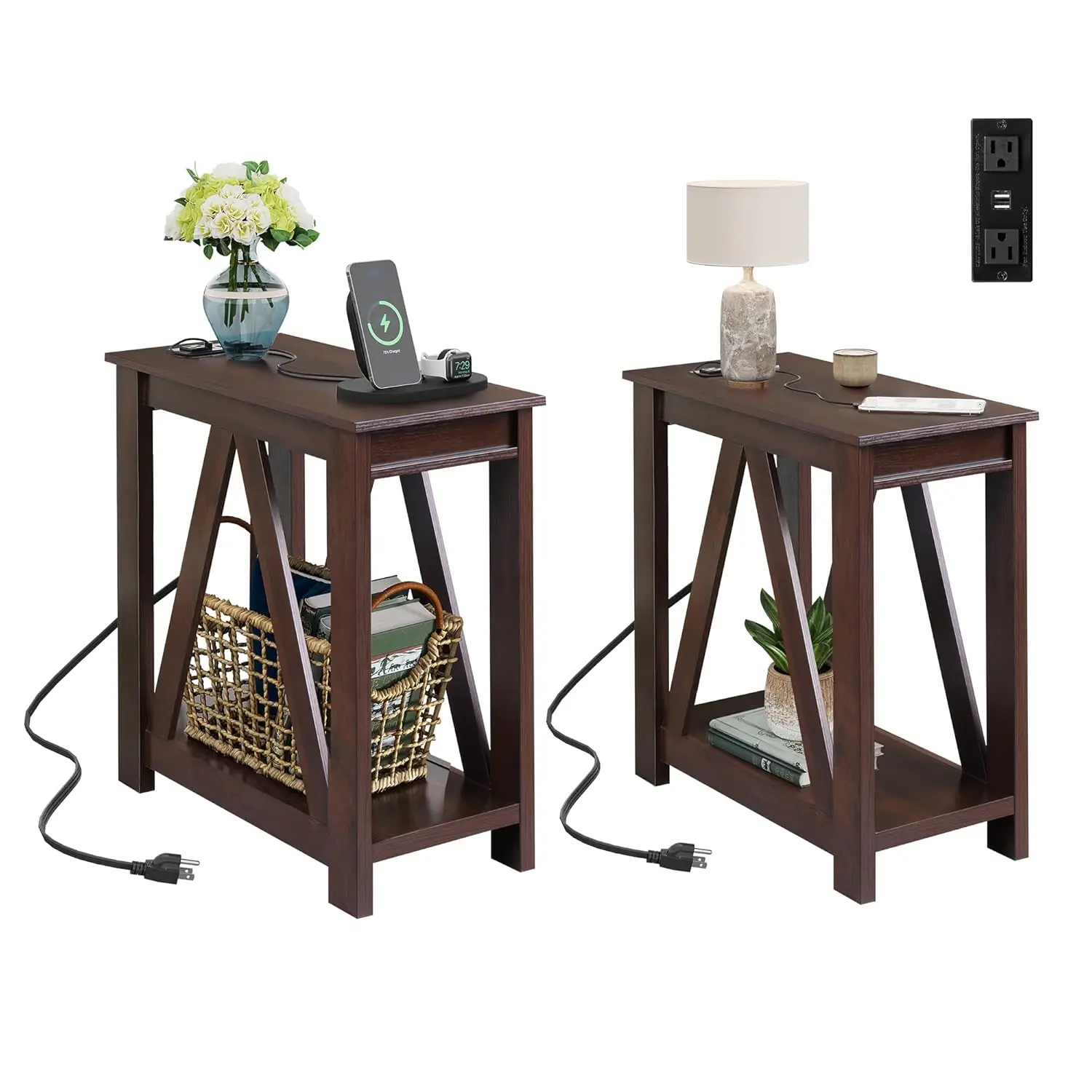 Slim End Table Set of 2 with Charging Station & Open Storage Shelf for Living Room Sofa Side, Espresso, Customized