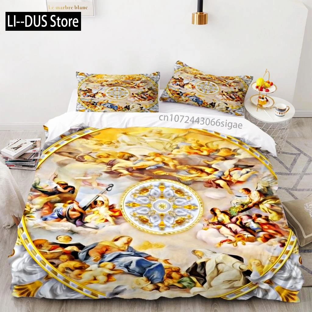 الملاك النفط اللوحة طقم سرير الأوروبي الرجعية النفط اللوحة الفنية غطاء لحاف غطاء لحاف للنساء الاطفال غرفة نوم الزينة