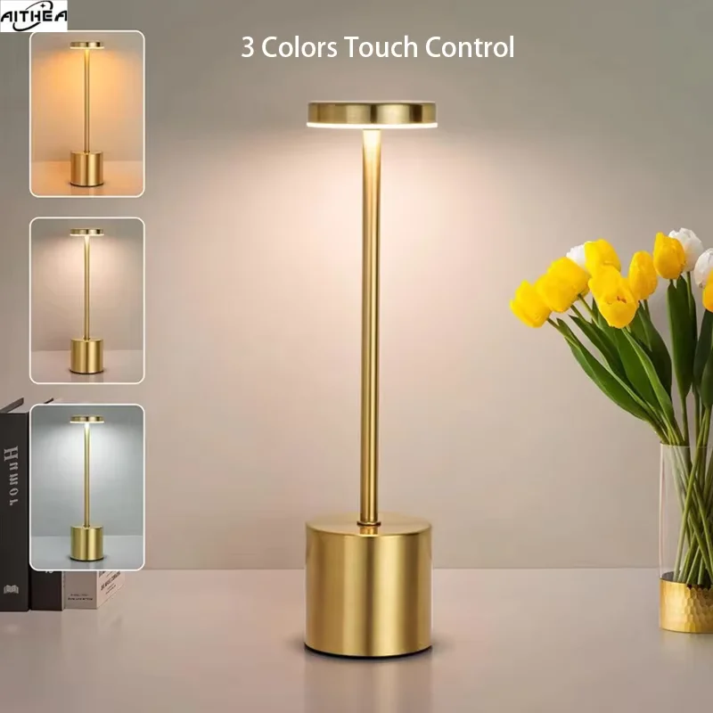 AITHEA Type C Rechargeable LED Table Lamp Touch Switch Bedside Night Light Portable 3 Color Desk Lamp for Club Bar Room Outdoor