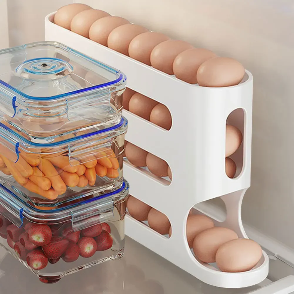 Egg Rack 4 Layers Automatic Scrolling Large Capacity Kitchen Rolling Eggs Container Rolling Eggs Dispenser for Fridge Countertop