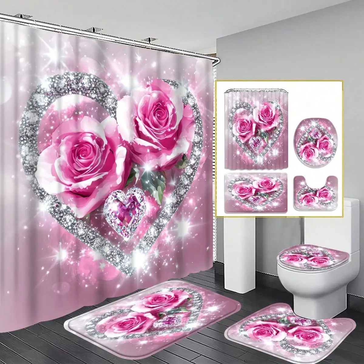 1/3/4pcs Pink Roses Shower Curtain Set, Glittering Pink Rose Heart Bathroom Decor, Accessories with Bath Mat, U-shaped Mat, Toilet Lid Cover, 12 Hooks 70.87x70.87inch Curtain, Floral Gift, Home Decor, Bathroom Accessories.