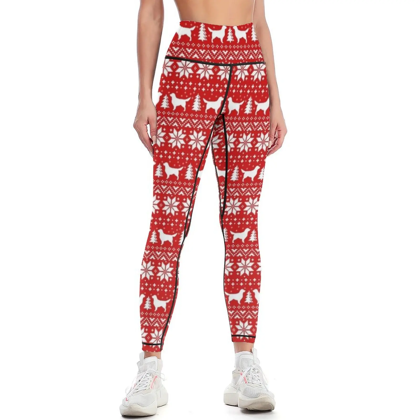 

Golden Retriever Silhouettes Red and White Christmas Holiday Pattern Leggings sports shirts gym Training pants Womens Leggings