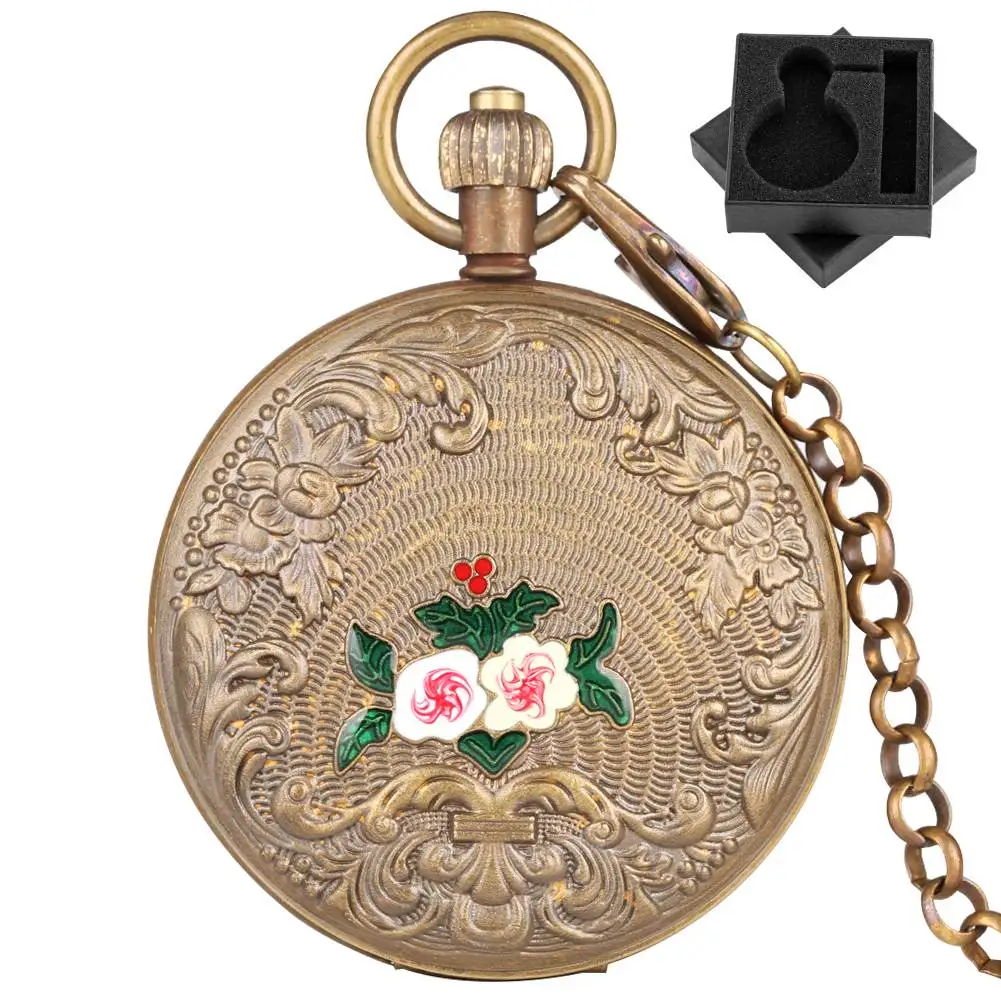 

Двойной охотник, резные цветы, медные автоматические механические карманные часы, брелок-цепочка, подвесные часы, антикварные модные часы, подарок для мужчин