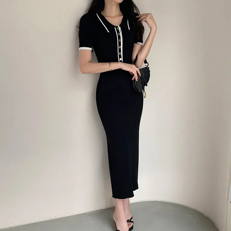 New Slim Knitted Dress Women Summer Korean Fashion Polo Collar Single Breasted Short Sleeve Bodycon Long Dresses Vestidos Robe