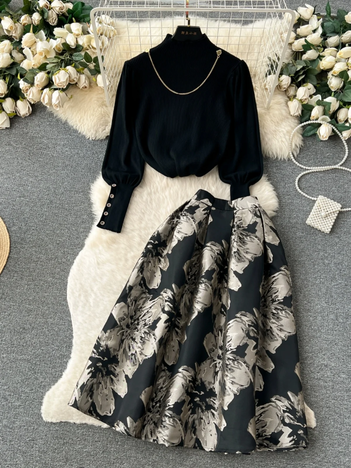 

Autumn Winter Women's Luxury Knitted Sweater And Skirt Set High Waist Flared f-Moon Neline Two-Piece Ensemble Casual Com...