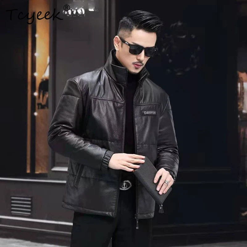 

Tcyeek верхний слой из воловьей кожи, пуховик из натуральной кожи, мужская теплая зимняя одежда, мужские пальто с воротником-стойкой, пуховое пальто Casaco Masculino