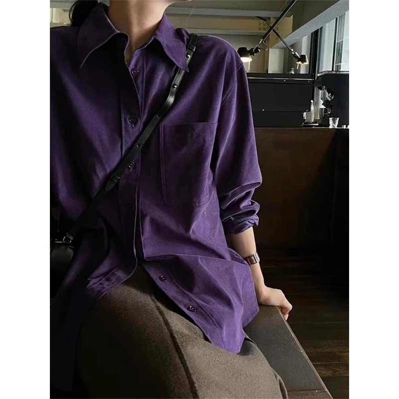 

Женская вельветовая рубашка в стиле ретро, свободного кроя, с длинными рукавами, утягивающий топ в корейском стиле, для повседневной носки, осенне-зимняя новинка