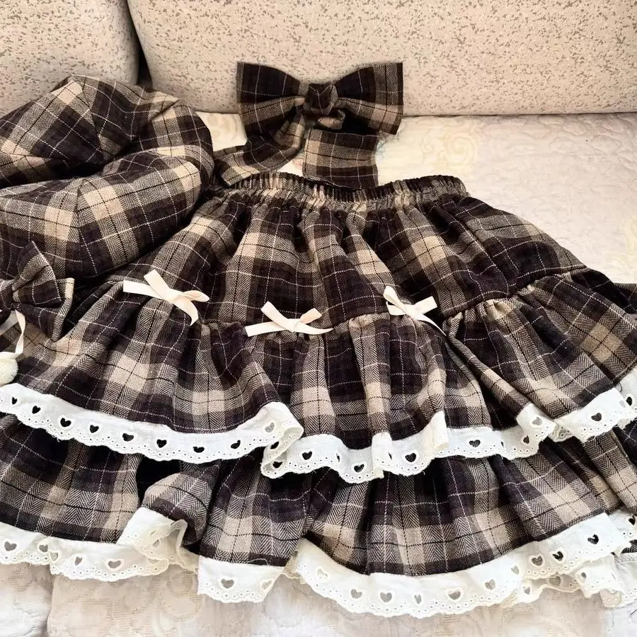 Japanese Style Sweet Cute Checkered Lace Cake Spliced Fluffy High Waist Bow Tied Skirt Short Skirt Chic Harajuku Elegant Skirt