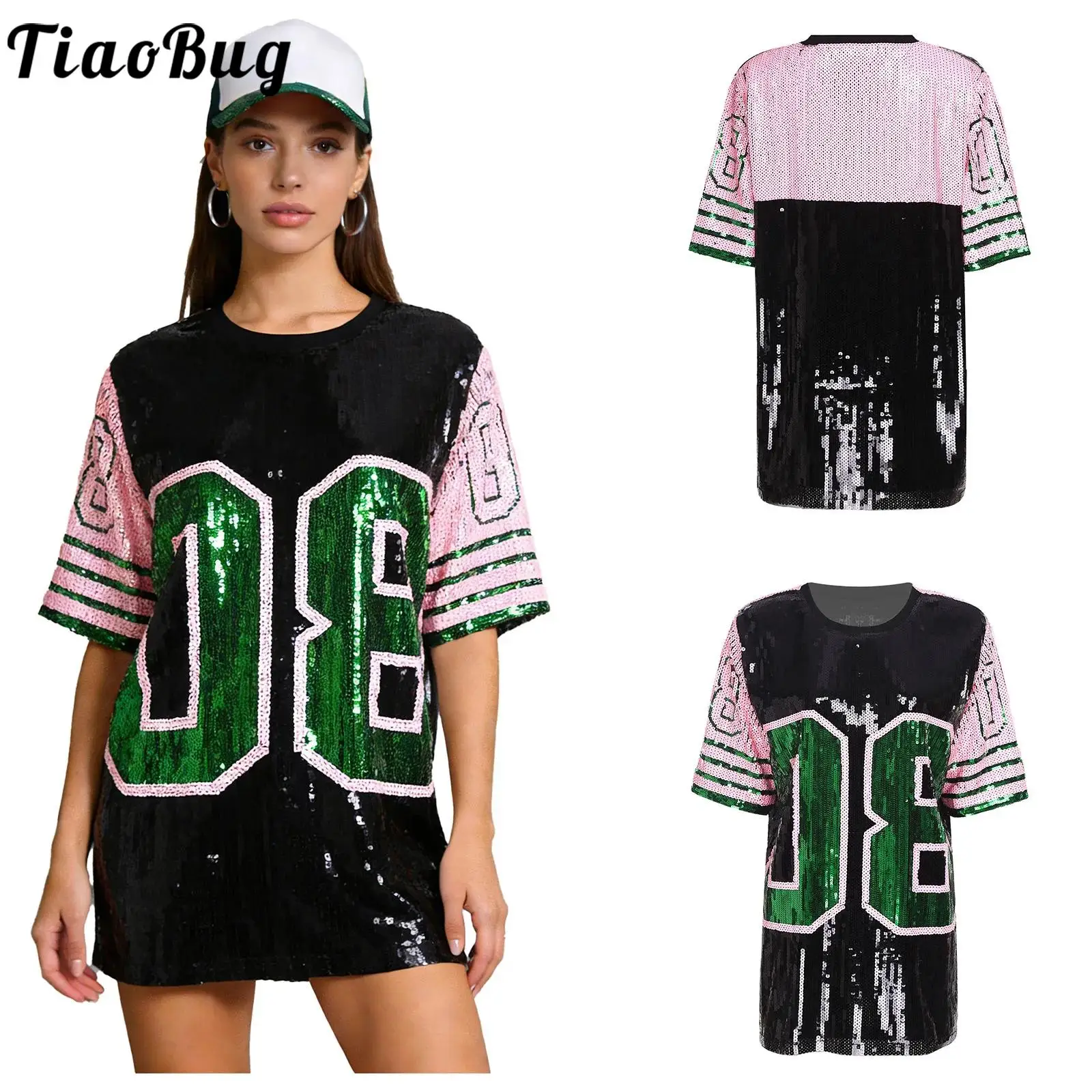 Women Adults Loose Number Graphic T-shirts Short Sleeve Sequins Patchwork Sporty Top for Watching Ball Game Raves Party Shirts