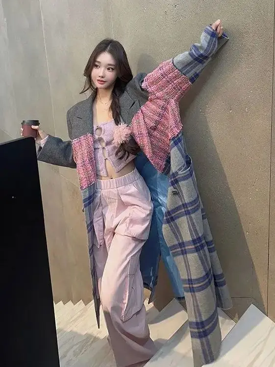 

Korean Woolen Loose Spliced Contrast Color Designer Woolen Overcoat For Women Winter New Trend Mid-Length Wool Outerwear