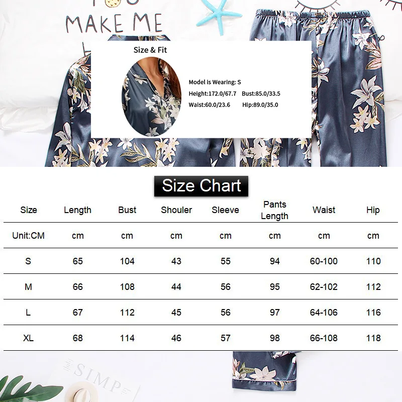 Women Autumn Winter Pajama Sleepwear Loungewear Long Sleeve 2 Piece Pajama Sets Floral Print Satin Comfortable Lounge Sets