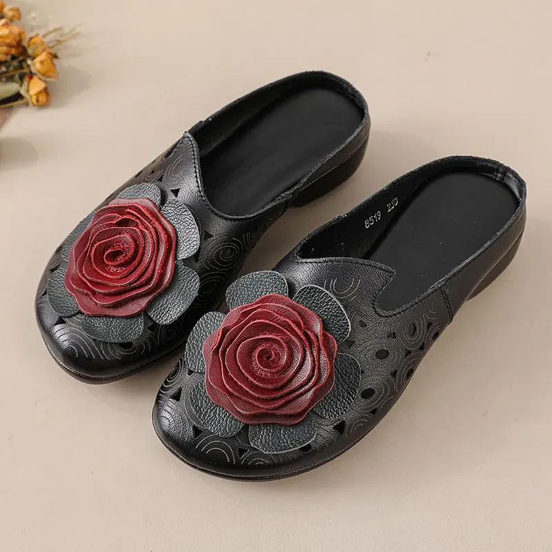 

New genuine cow leather mules shoes for women summer hollow out slides woman autumn slipper shoes ladies elegant wide toe mules