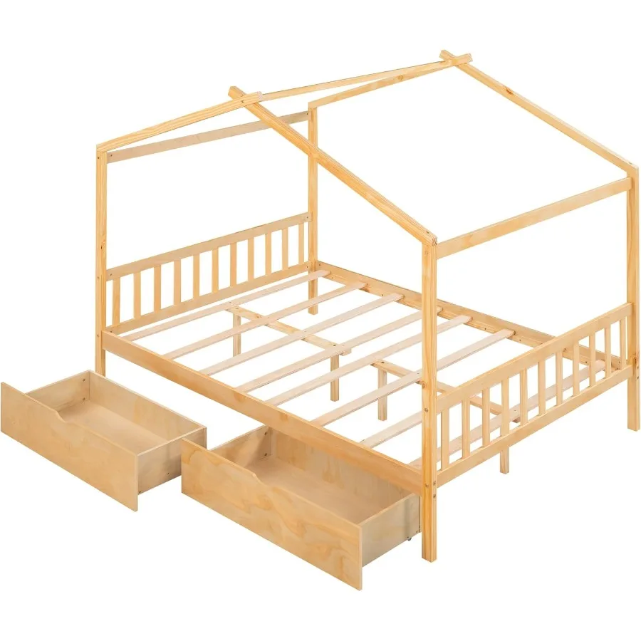 Full Size House Bed for Montessori Wood Platform Frame With 2 Storage Drawers Headboard and Footboard Ideal for Girls Boys Bedr