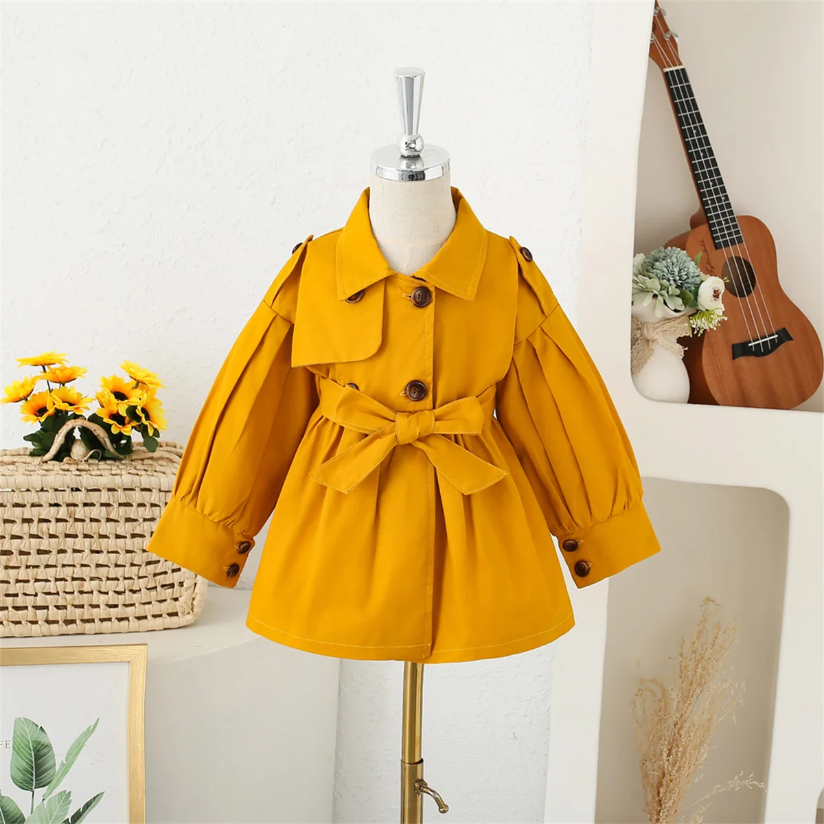 Girls 0-3 years Spring And Autumn Girls\' Windbreaker Solid Color Double Breasted Belt Lapel Simple Fashion Versatile Casual Coat