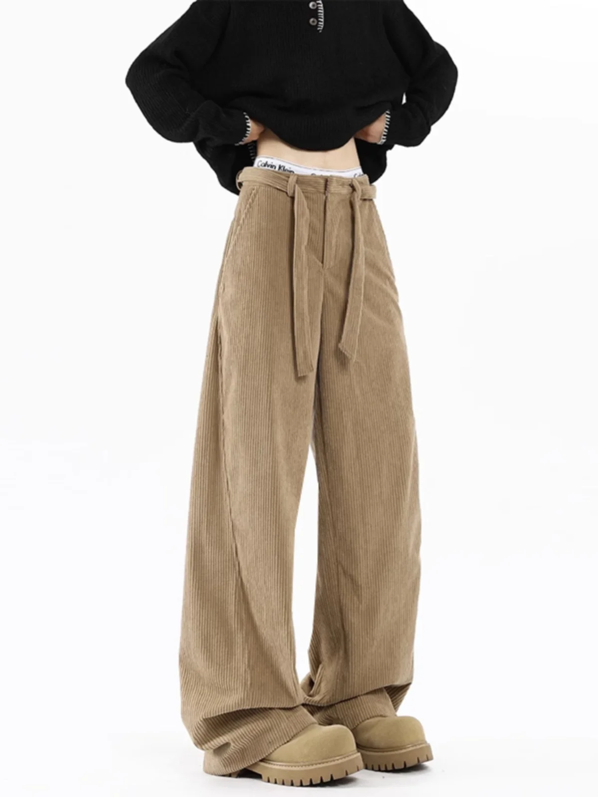 

Corduroy Straight Leg Casual Pants Loose Fit Autumn Winter Khaki Workwear Trousers Youthful Energy Sle Polyester Fiber