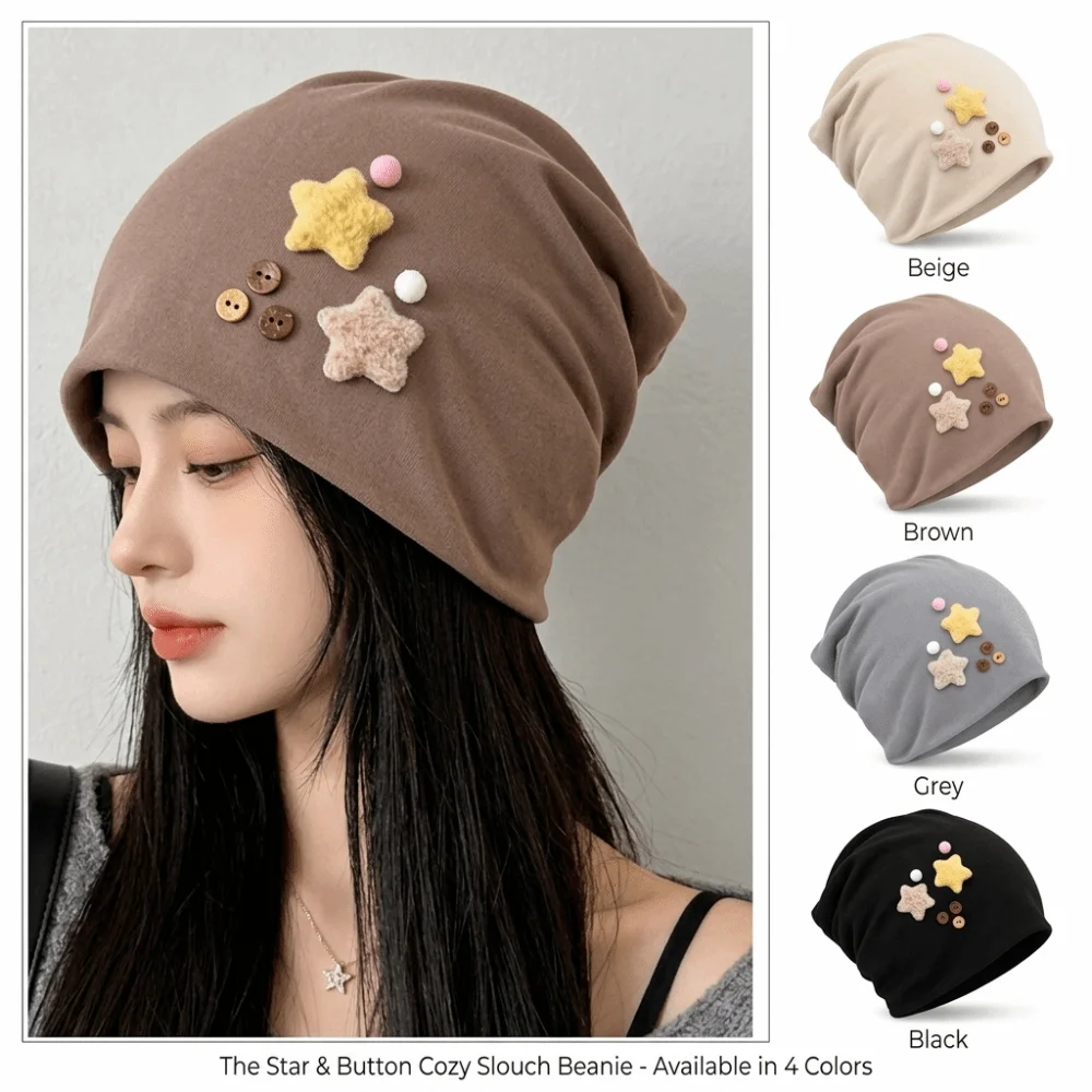 Durable Japanese Style Women's Beanie Star Detail Skull Cap Face-Flattering Fit Windproof Pull-On Hat Cold Weather
