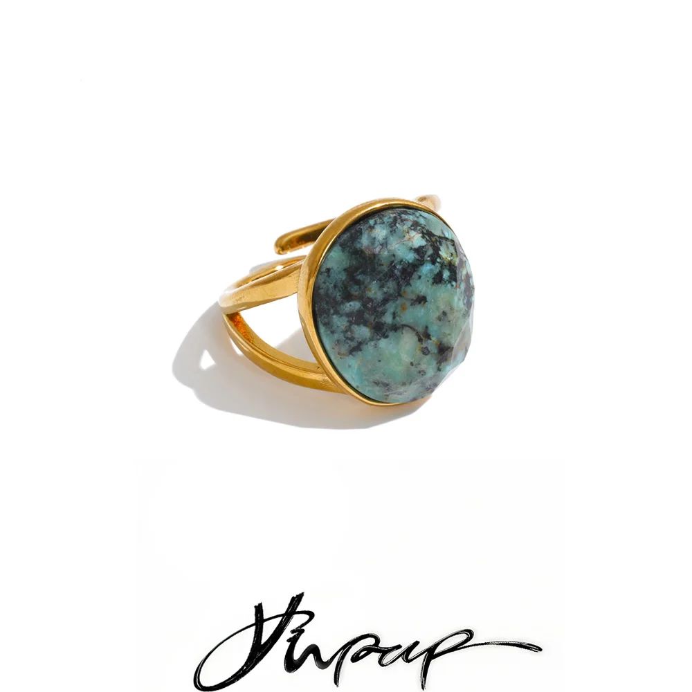 Yhpup Größe 8 Afrikanischer Türkis-Tigerstein Runder Ring Edelstahl Neuheiten Charm Fingerschmuck Accessoires