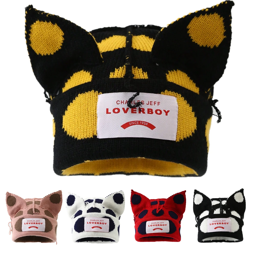 Gorąca wyprzedaż Y2K Style Winter Knitted Beanie Hat For Women Outdoor Cute Cat Ear Designer Warm Hat
