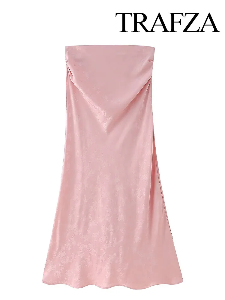 

TRAFZA Women Summer Fashion Pink Silk Satin Textured Jacquard Skirt Female Chic Elegant Zipper Slim High Street Long Skirt Mujer