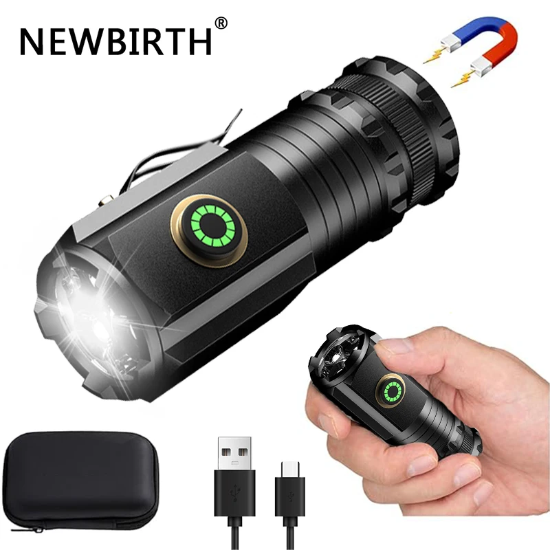 Powerful Mini LED Flashlight Super Bright Aluminium Pocket Torch Rechargeable Waterproof Hiking Camping Flash Light with Magnet