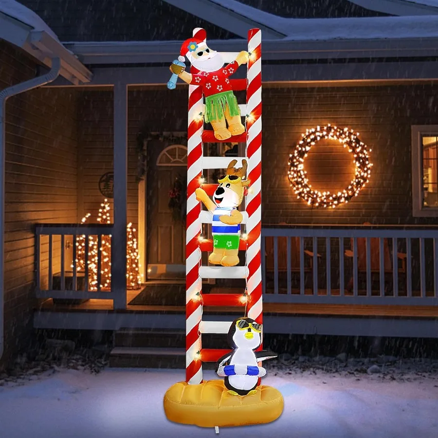

10FT Christmas Inflatable Decorations Hawaii Beach Themed Giant Lighted Ladder Blowups Climbed with Penguin Reindeer Santa C7 S