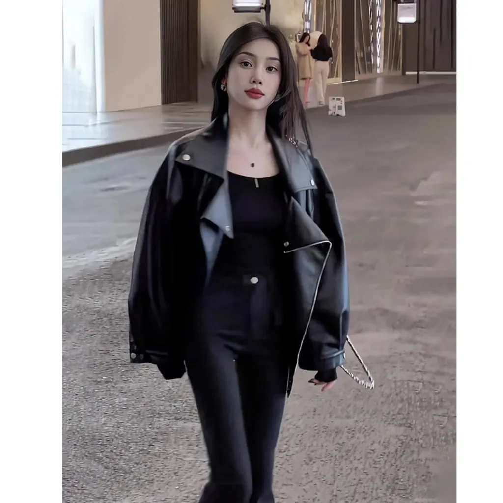 

Women's Black Leather Jacket Spring Autumn Biker Style Casual Loose Fit plus Size Korean Fashion