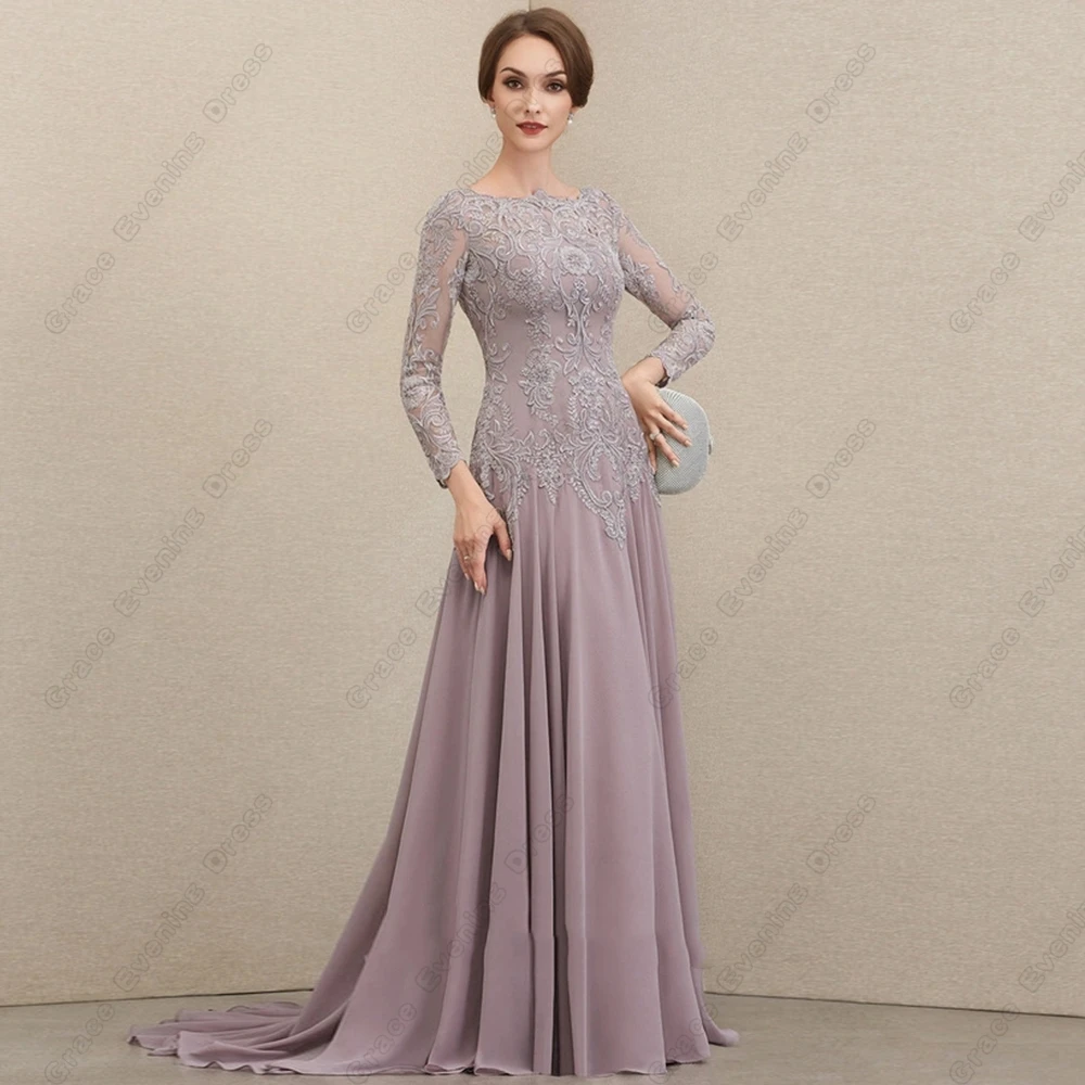 Full Sleeve Sheath Mermaid Mother of Bride Dresses with Lace Court Train Wedding Party Dresses Chiffon Vestidos De Noche 2023